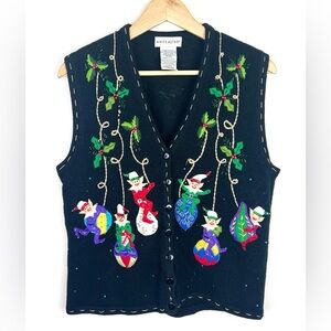 Vintage 90’s Beaded Sequin Embroidered Elf Holiday Sweater Cardigan